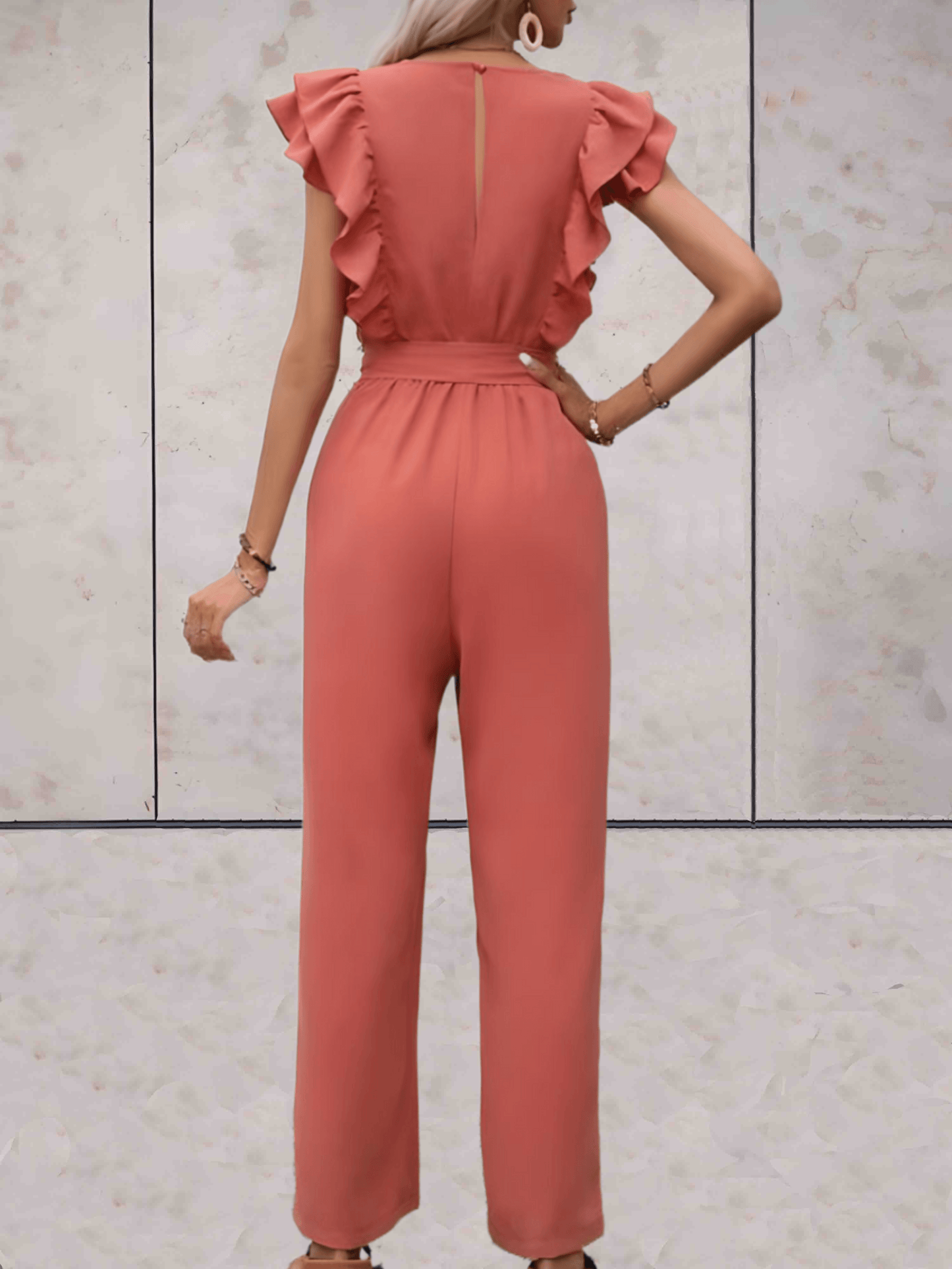 Women's Jumpsuit - V-neck - Ruffle Sleeves - Wrap Top with Tie Belt - Wide Legs