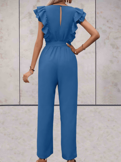 Women's Jumpsuit - V-neck - Ruffle Sleeves - Wrap Top with Tie Belt - Wide Legs
