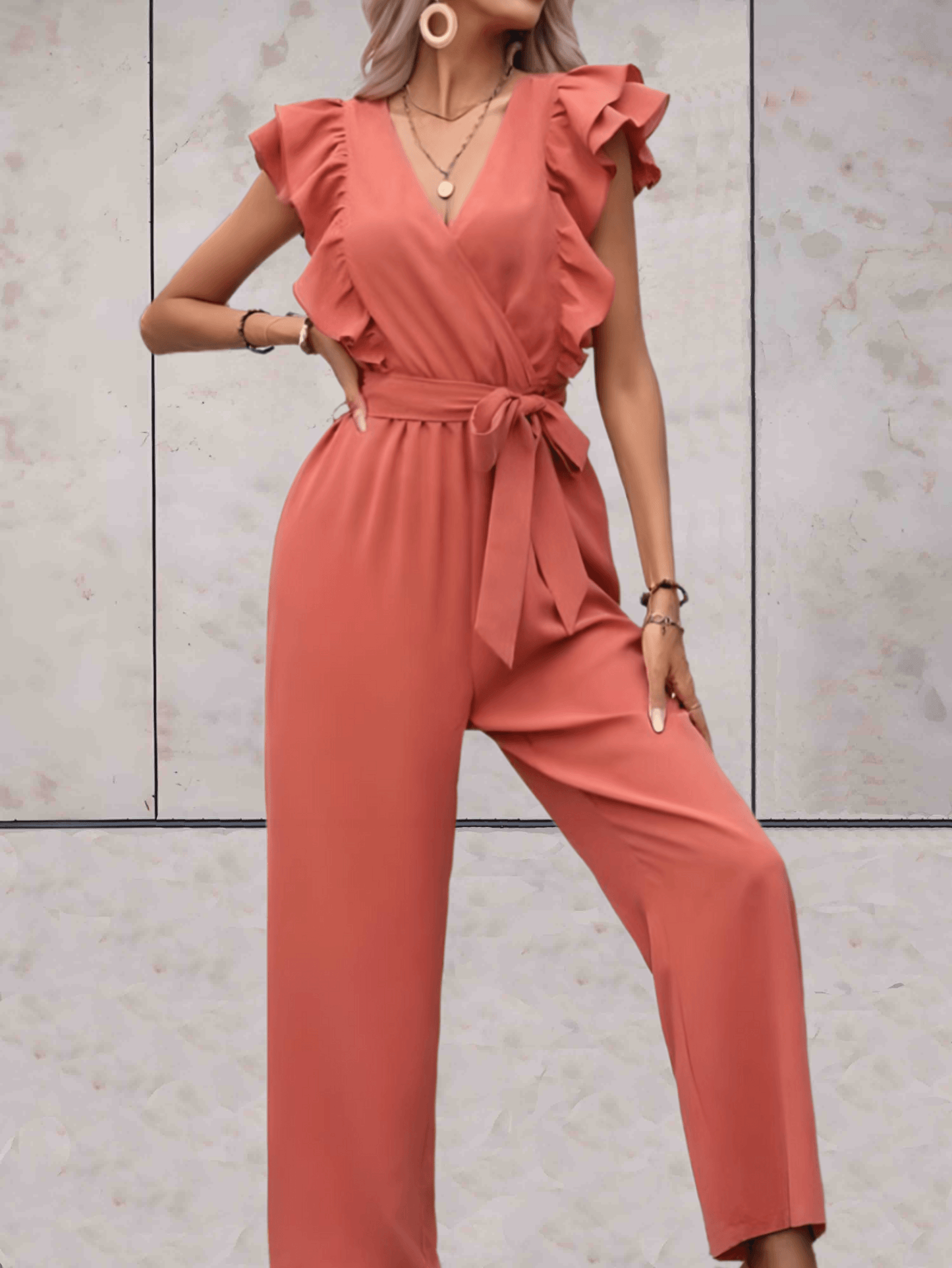 Women's Jumpsuit - V-neck - Ruffle Sleeves - Wrap Top with Tie Belt - Wide Legs