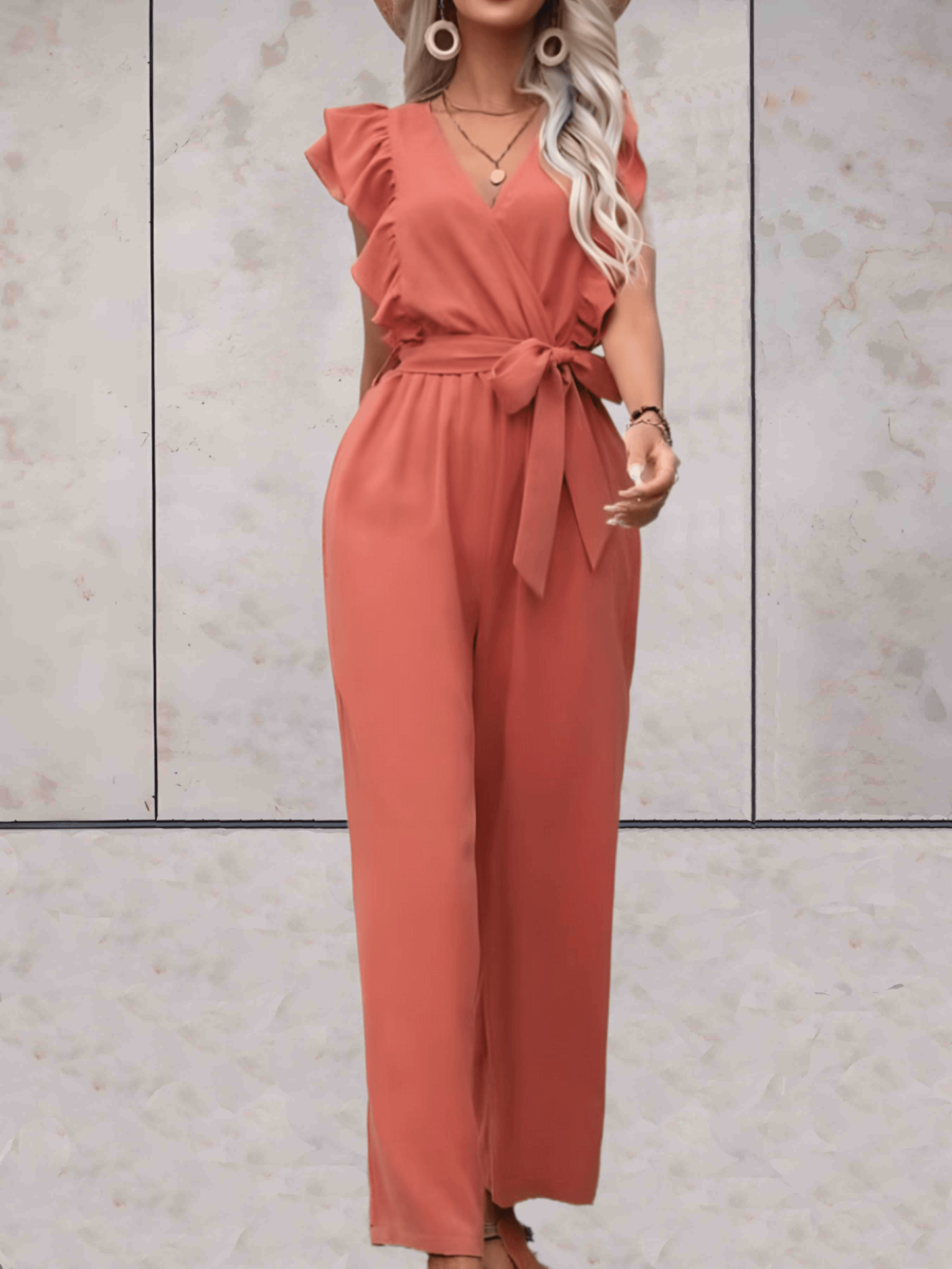 Women's Jumpsuit - V-neck - Ruffle Sleeves - Wrap Top with Tie Belt - Wide Legs