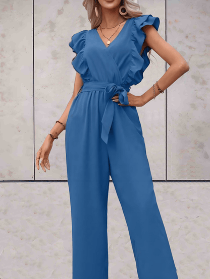 Women's Jumpsuit - V-neck - Ruffle Sleeves - Wrap Top with Tie Belt - Wide Legs