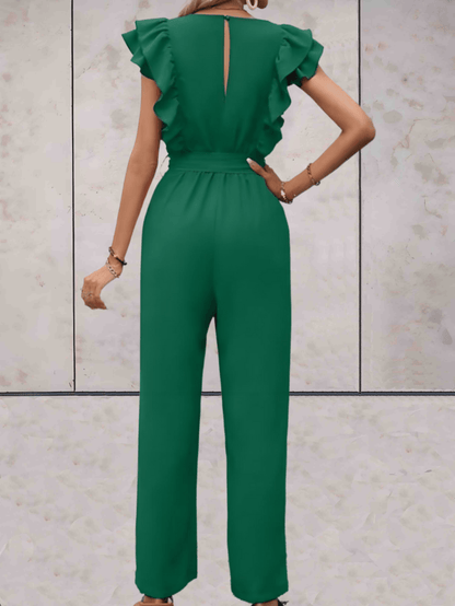 Women's Jumpsuit - V-neck - Ruffle Sleeves - Wrap Top with Tie Belt - Wide Legs