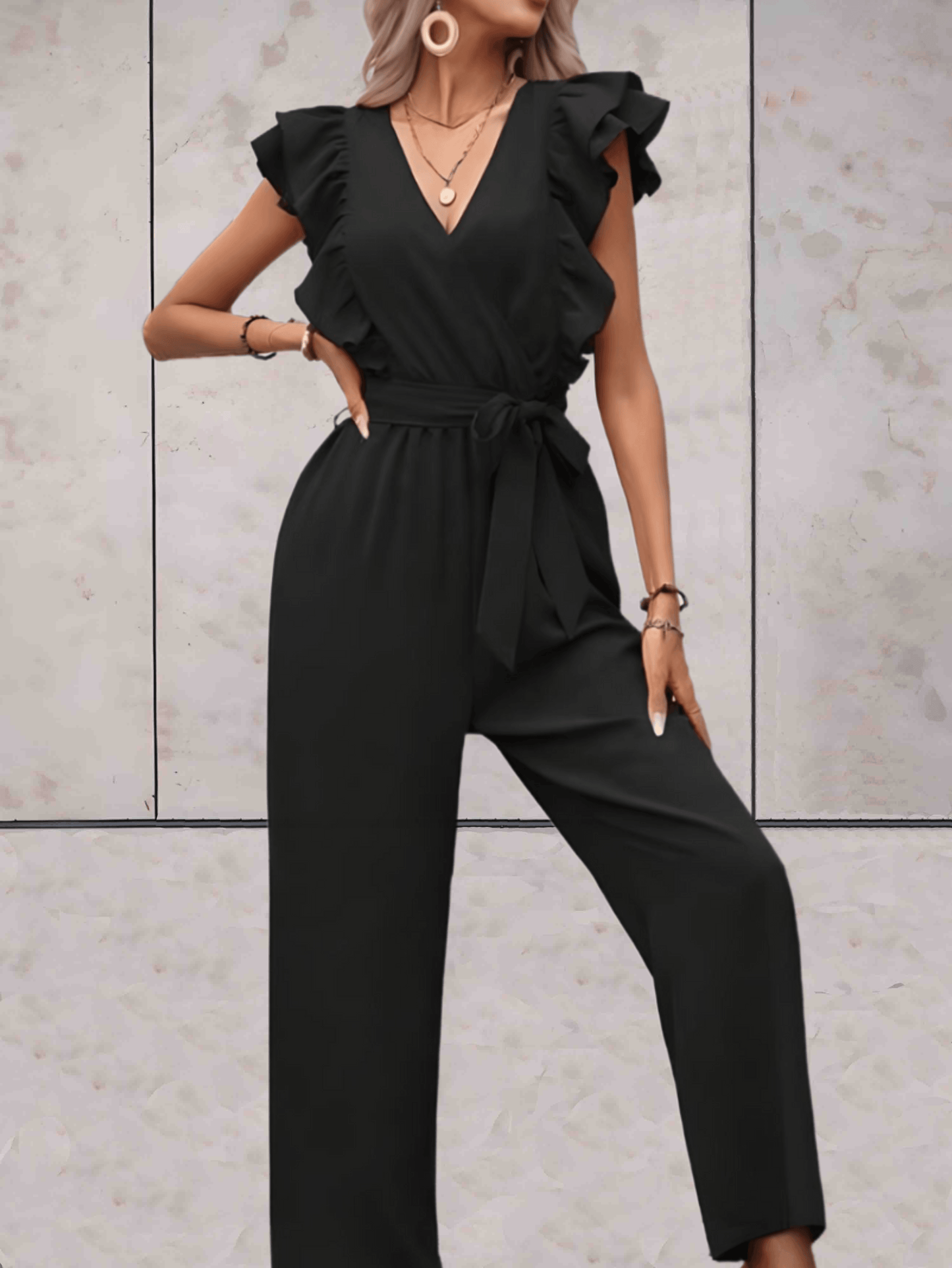 Women's Jumpsuit - V-neck - Ruffle Sleeves - Wrap Top with Tie Belt - Wide Legs