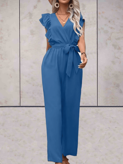 Women's Jumpsuit - V-neck - Ruffle Sleeves - Wrap Top with Tie Belt - Wide Legs
