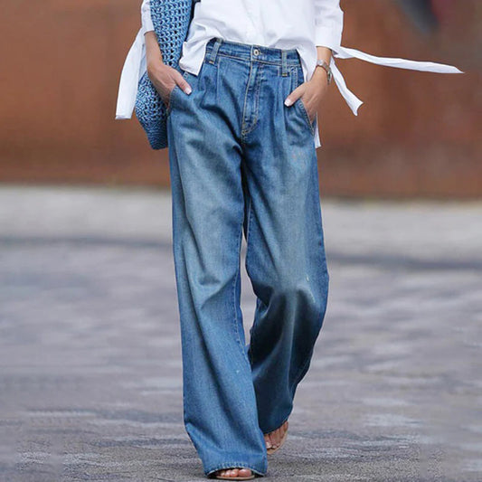 Women's Wide Leg Jeans – Relaxed Fit – Pleated Denim – Full Length