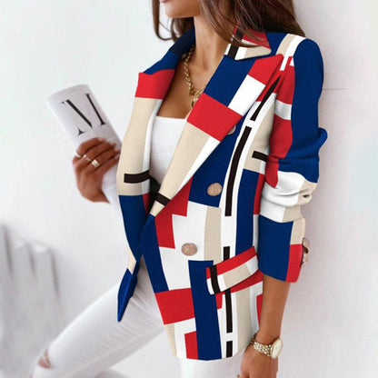 Women's Blazer – Tailored Fit – Check Pattern – Double-Breasted – Textured Design