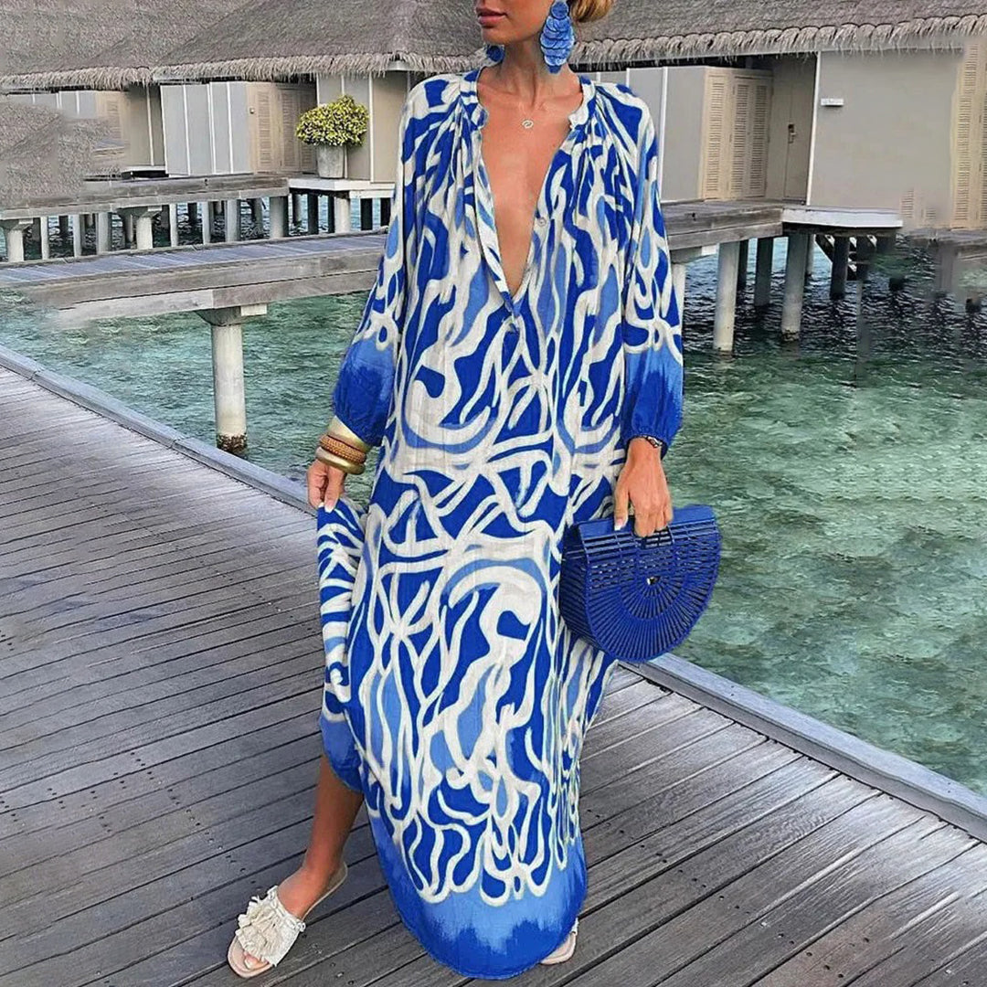 Women's Caftan – Loose Fit – Deep V-neck – Long Sleeves – Light and Elegant