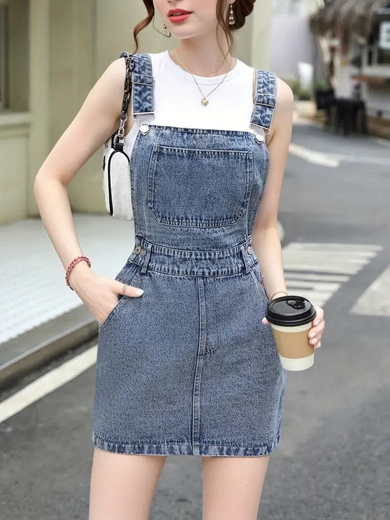 Women's Overall Dress – Denim – Adjustable Straps – Mini Length – Practical Pockets