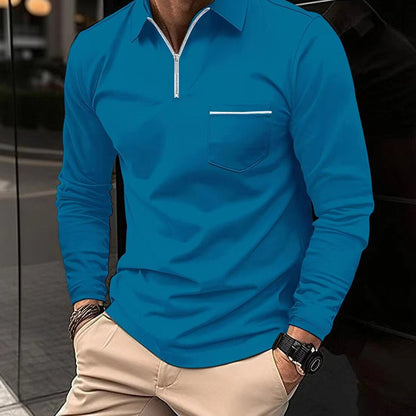 Men's Polo Shirt - Long Sleeve with Zipper Collar - Slim Fit - Chest Pocket