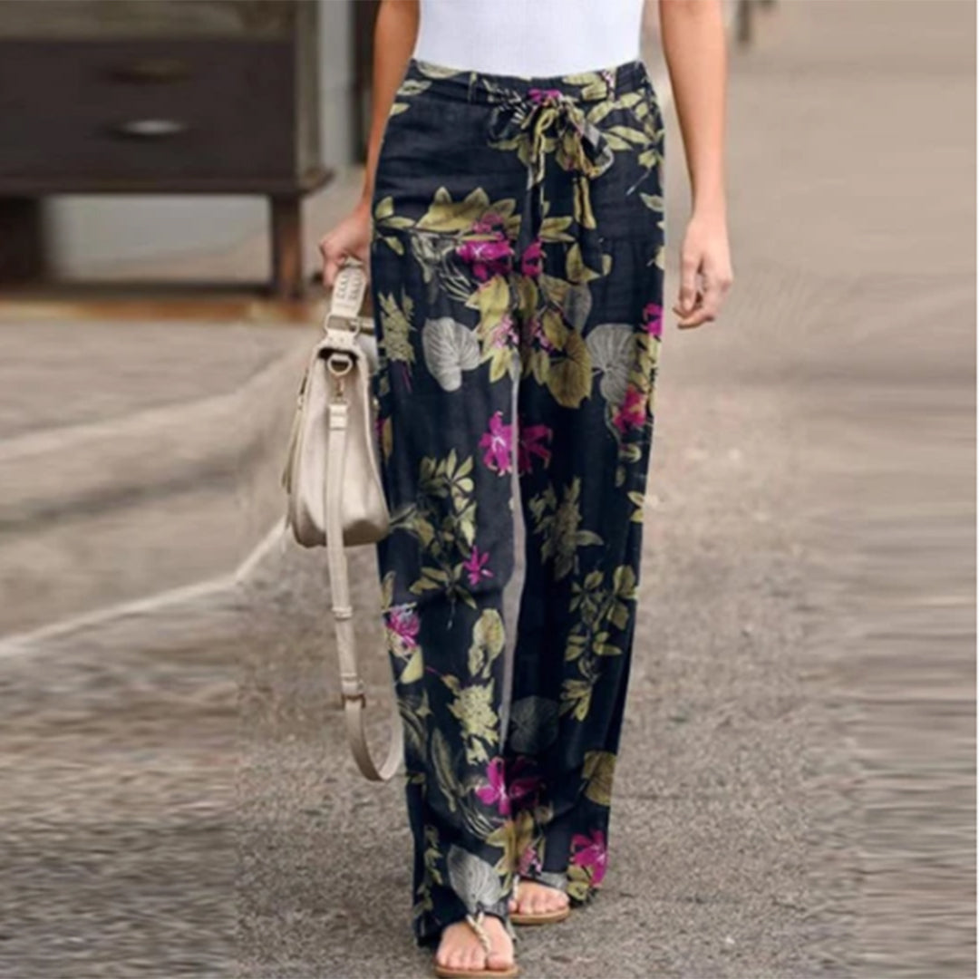 Women's Pants – Relaxed Fit – Drawstring Waist – Lightweight Cotton – Floral Print