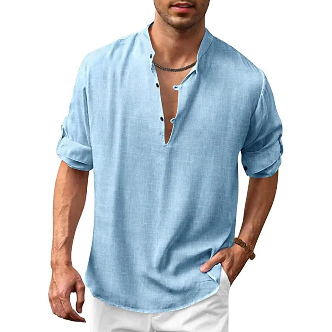 Men's Shirt - Stand Collar - Breathable Fabric - Relaxed Fit - Rolled-Up Sleeves