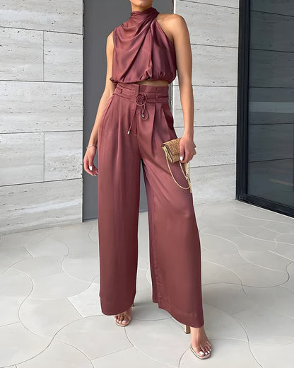Women's Two-Piece Set – Draped Halter Top & High-Waisted Wide-Leg Pants – Elegant Cut