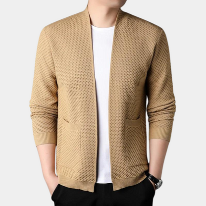 Men's Blazer – Slim Fit – Knitted Texture – Open Front – Ribbed Edges – Pockets