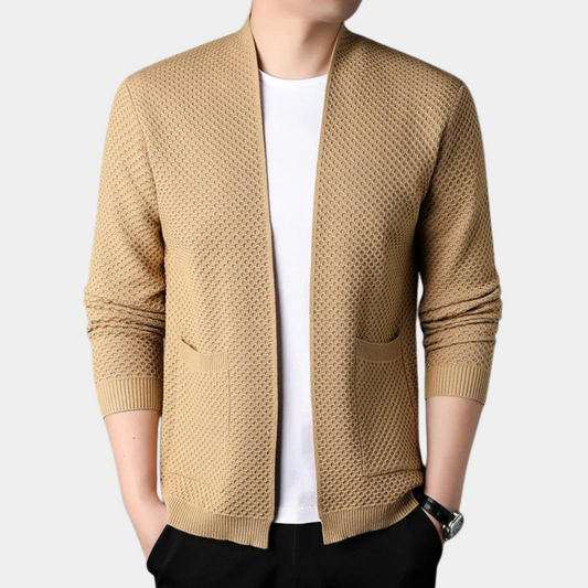 Men's Blazer – Slim Fit – Knitted Texture – Open Front – Ribbed Edges – Pockets