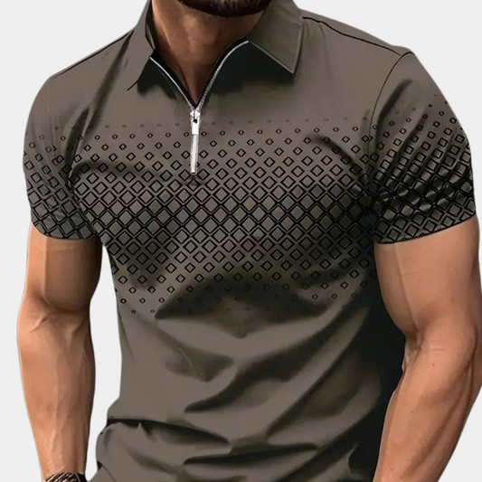 Men's Piqué Shirt – Slim Fit – Zipper Opening – Geometric Pattern – Breathable Fabric