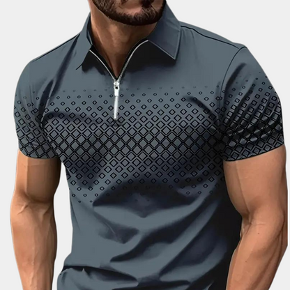 Men's Piqué Shirt – Slim Fit – Zipper Opening – Geometric Pattern – Breathable Fabric