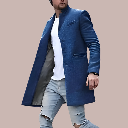 Men's Coat – Tailored Fit – Wool Blend – High Collar – Button Closure
