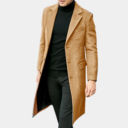 Men's Trench Coat – Tailored Fit – Wool Blend – Notch Lapel – Long Model