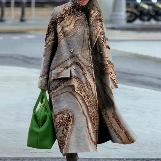 Women's Coat – Wool Blend – Oversized Fit – Full Length – Abstract Pattern – Button Front