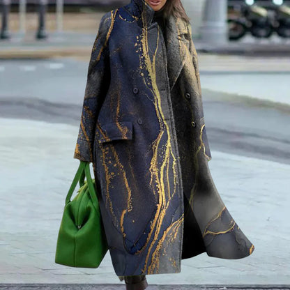Women's Coat – Wool Blend – Oversized Fit – Full Length – Abstract Pattern – Button Front