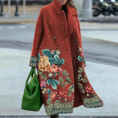 Women's Coat – Wool Blend – Oversized Fit – Full Length – Abstract Pattern – Button Front