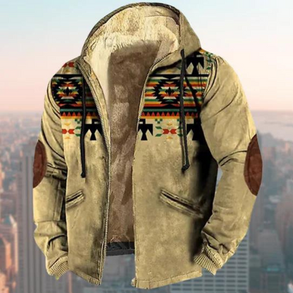 Men's Jacket with Hood – Regular Fit – Suede Look – Geometric Pattern – Zipper
