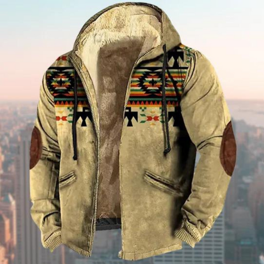 Men's Jacket with Hood – Regular Fit – Suede Look – Geometric Pattern – Zipper