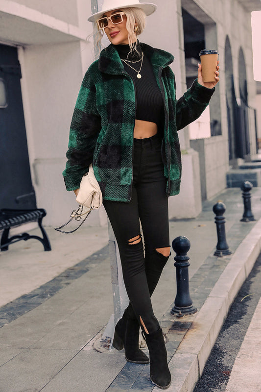 Women's Jacket - Soft and Warm - Checkered Pattern - Zipper - Relaxed Fit