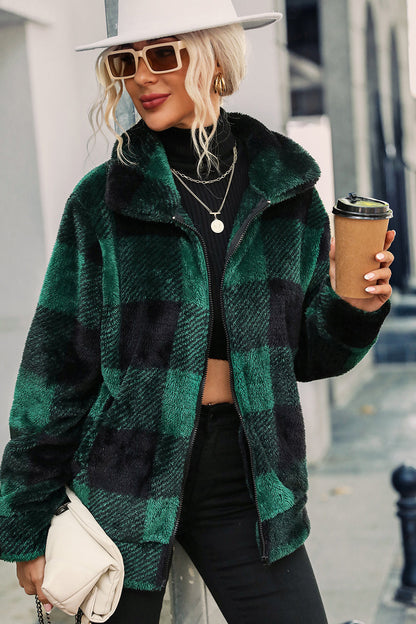 Women's Jacket - Soft and Warm - Checkered Pattern - Zipper - Relaxed Fit