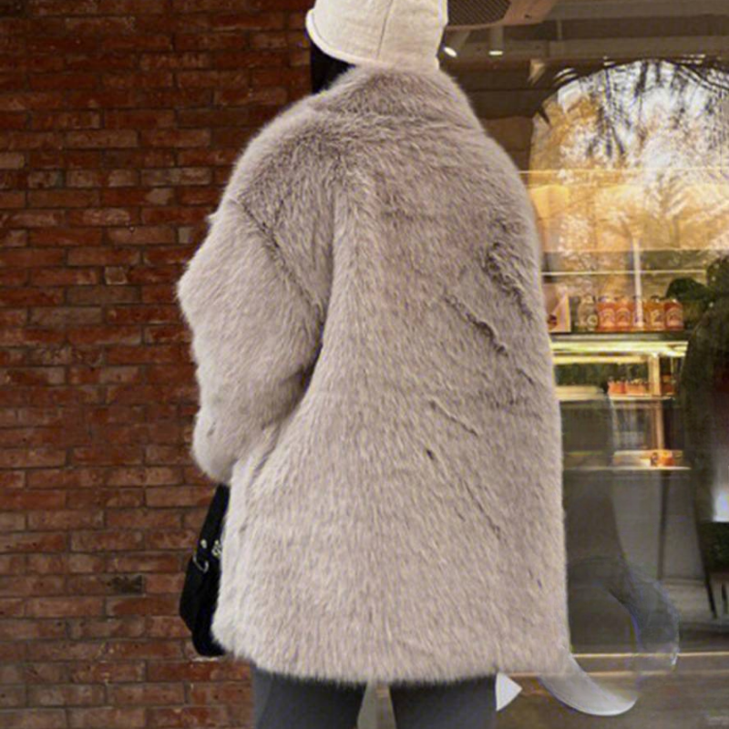 Women’s Coat - Faux Fur - Belted Waist - Notched Lapel Collar