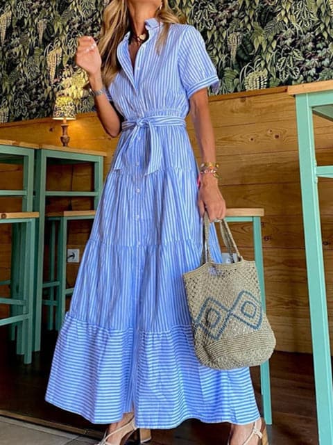 Women's Maxi Dress - Knee-Length Sleeve - Collar and Buttons - Belt at Waist - Striped Pattern