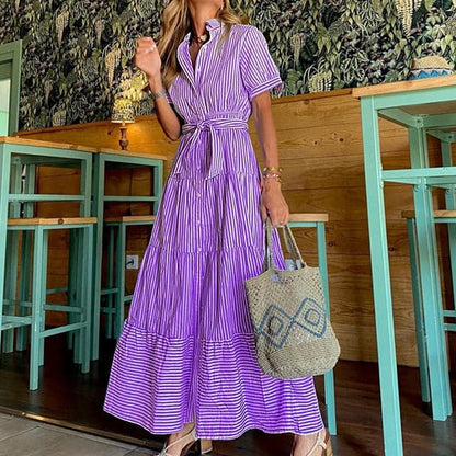 Women's Maxi Dress - Knee-Length Sleeve - Collar and Buttons - Belt at Waist - Striped Pattern