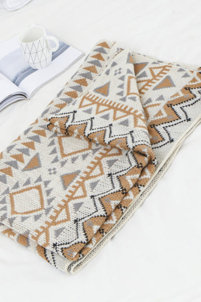 Bohemian Geometric Knit Throw Blanket With Fringed Edges