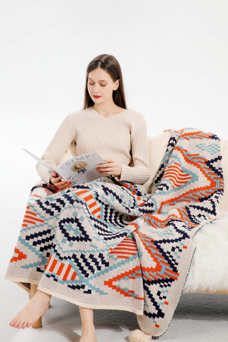 Bohemian Geometric Knit Throw Blanket With Fringed Edges