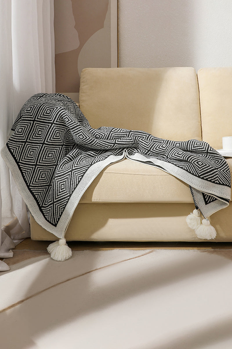 Bohemian Geometric Knit Throw Blanket With Fringed Edges