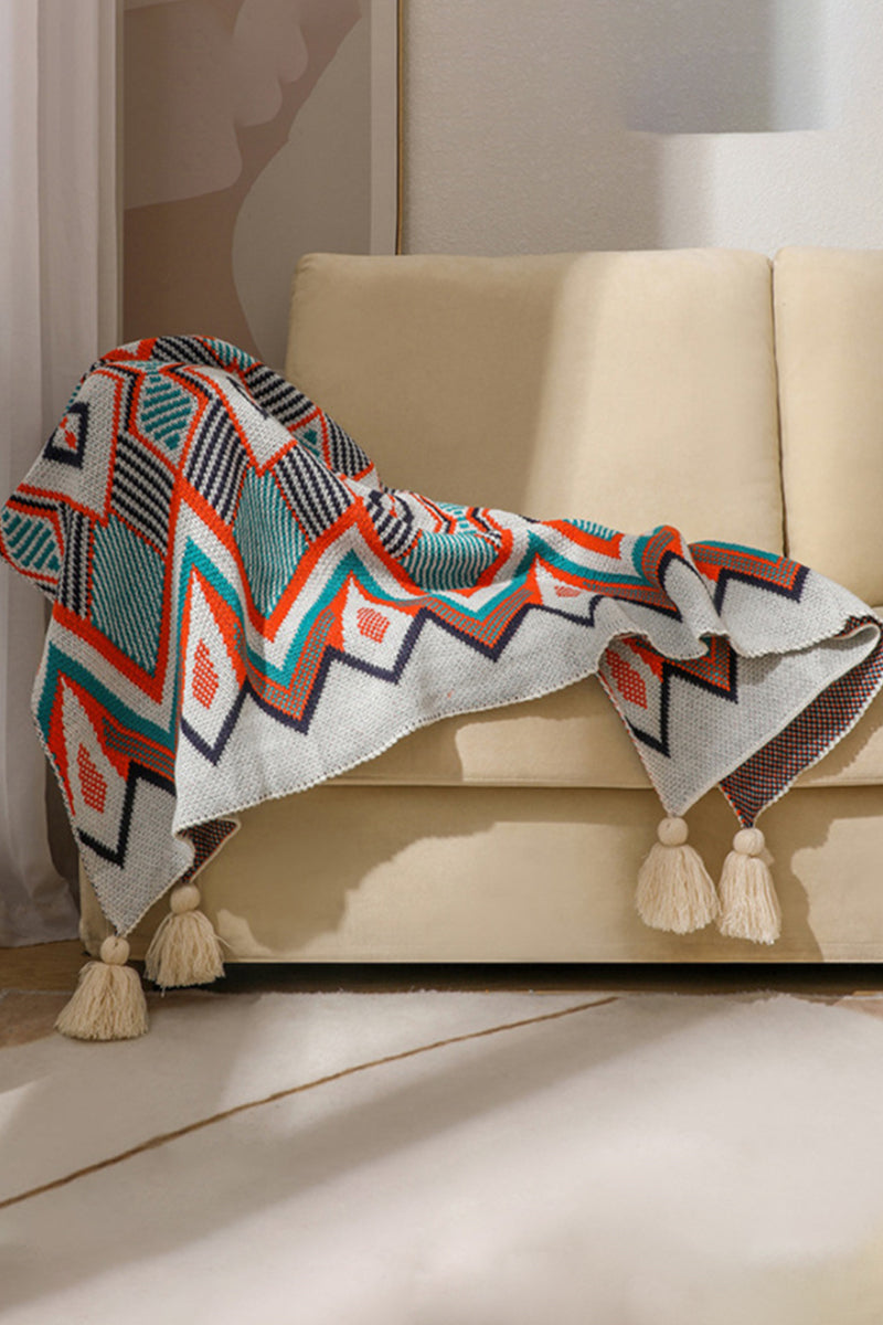 Bohemian Geometric Knit Throw Blanket With Fringed Edges