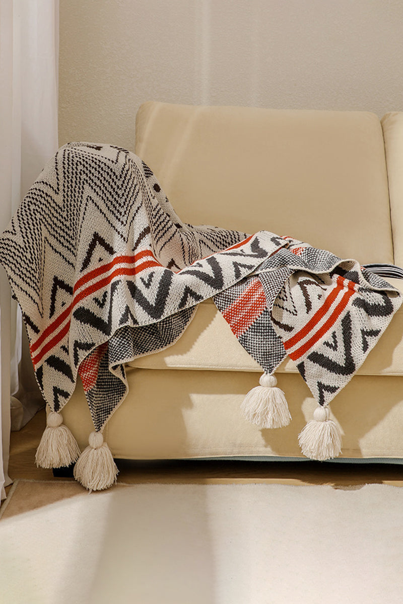 Bohemian Geometric Knit Throw Blanket With Fringed Edges