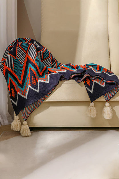 Bohemian Geometric Knit Throw Blanket With Fringed Edges