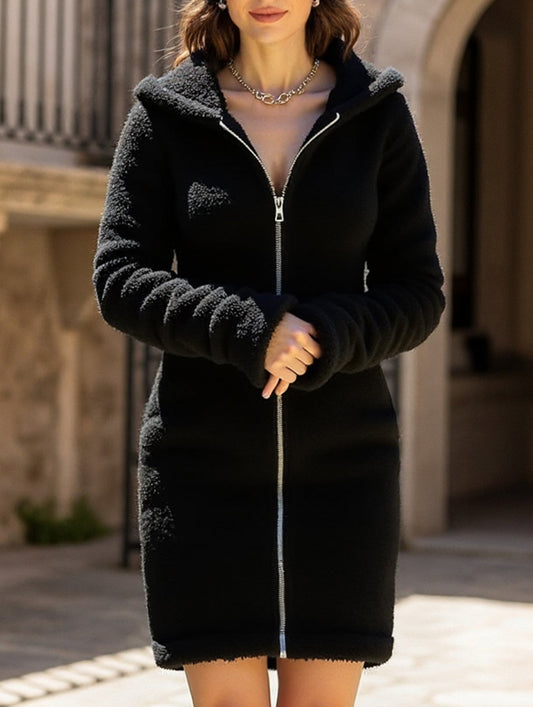 Angela Slim Fit Hoodie Dress | Zip Front, Solid Hoodie Dress