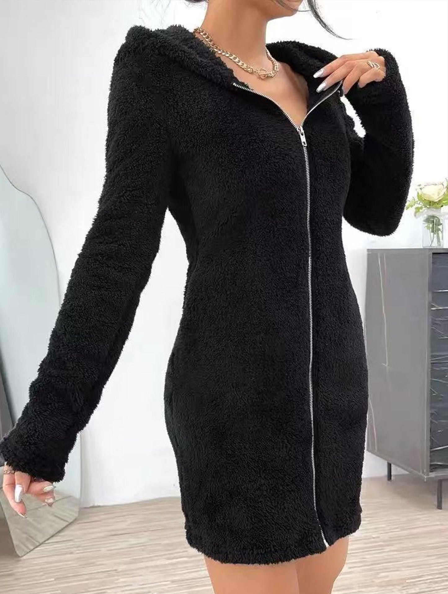 Angela Slim Fit Hoodie Dress | Zip Front, Solid Hoodie Dress