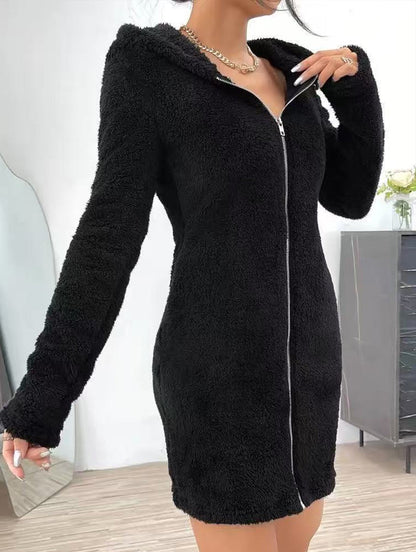 Angela Slim Fit Hoodie Dress | Zip Front, Solid Hoodie Dress