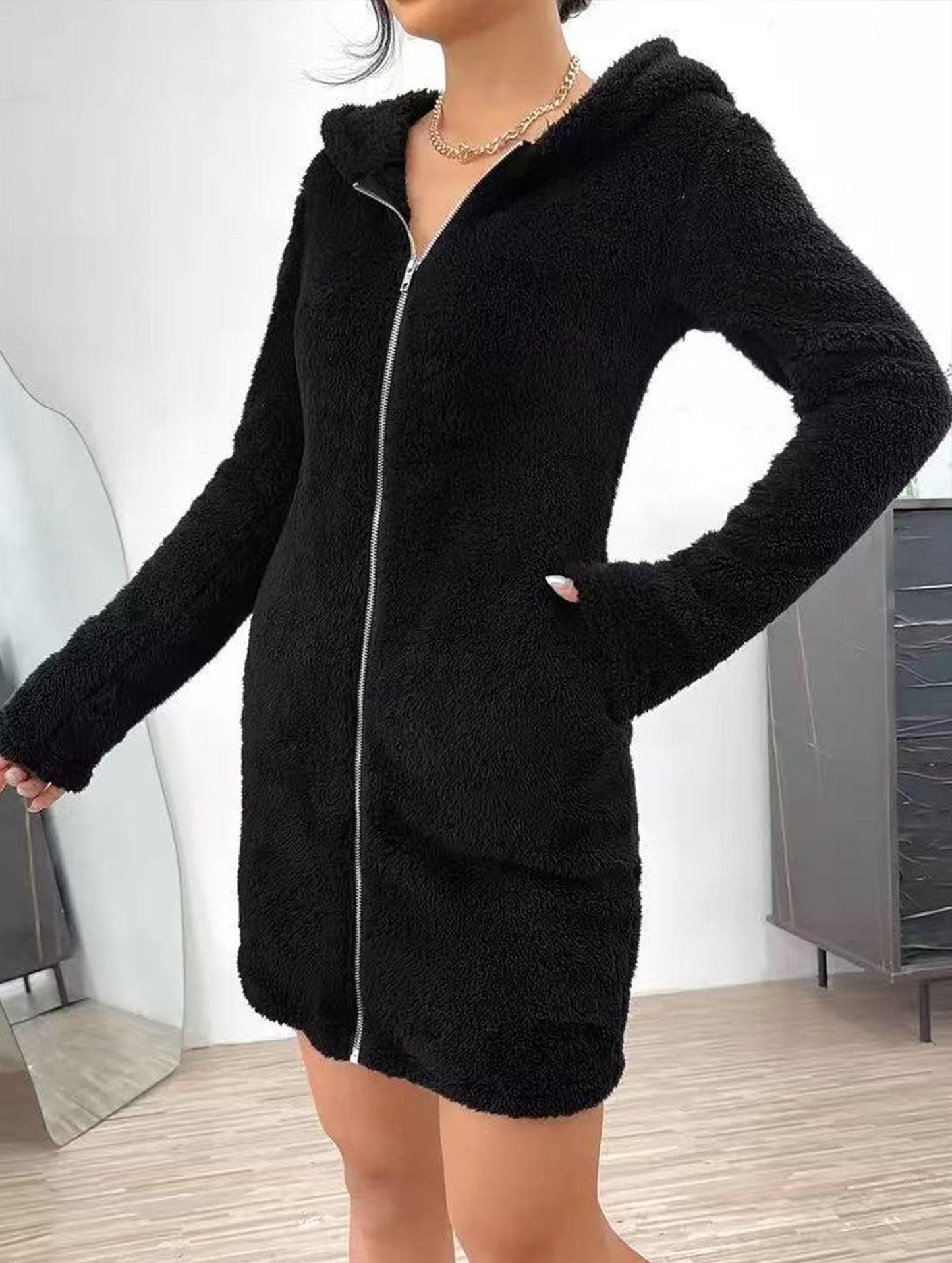 Angela Slim Fit Hoodie Dress | Zip Front, Solid Hoodie Dress