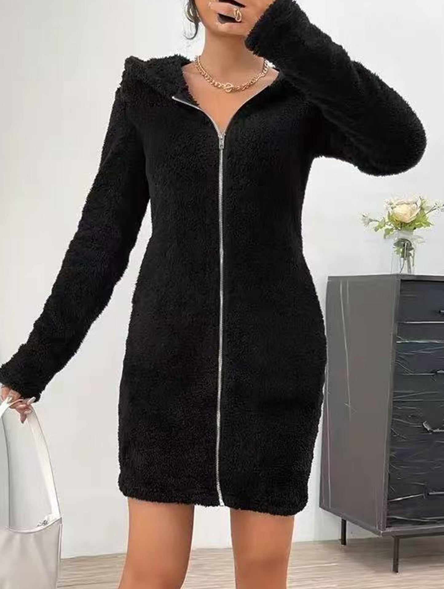 Angela Slim Fit Hoodie Dress | Zip Front, Solid Hoodie Dress