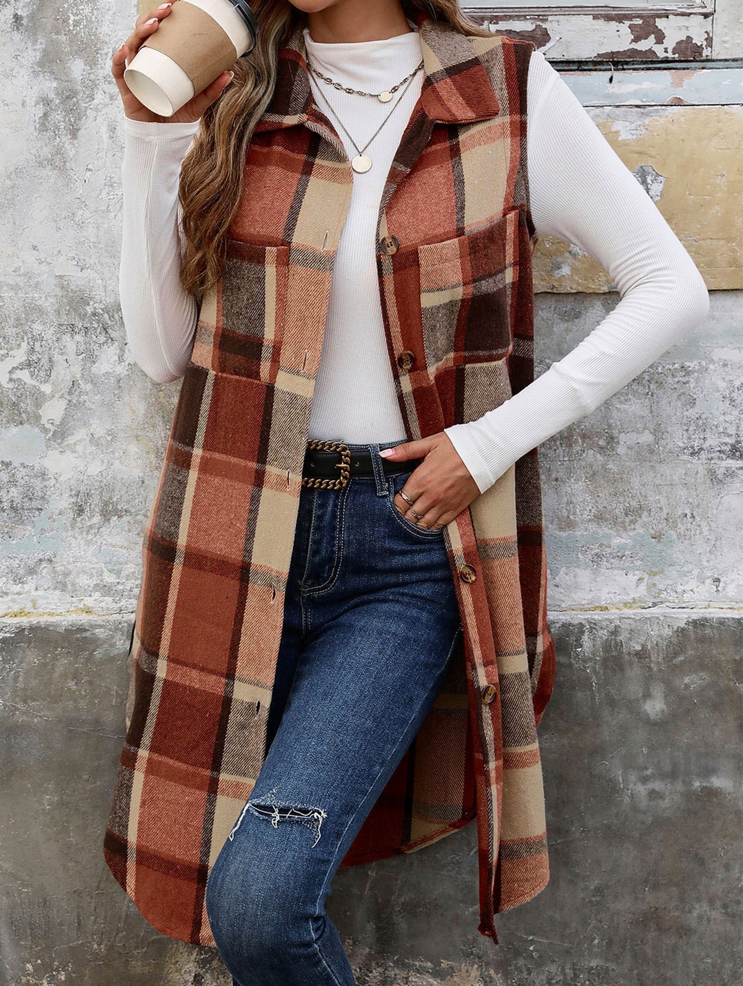 Elena Relaxed Fit Sleeveless Cardigan | Plaid Sleeveless Cardigan