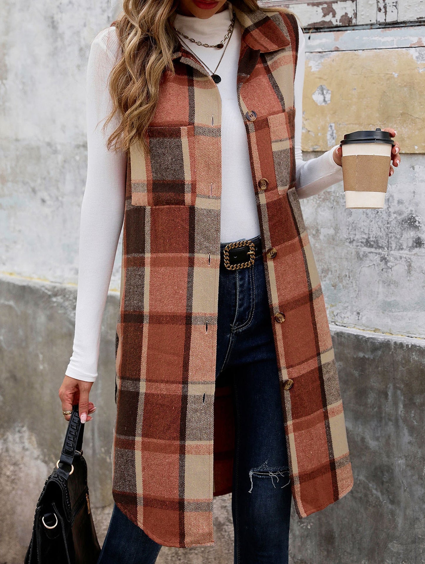 Elena Relaxed Fit Sleeveless Cardigan | Plaid Sleeveless Cardigan