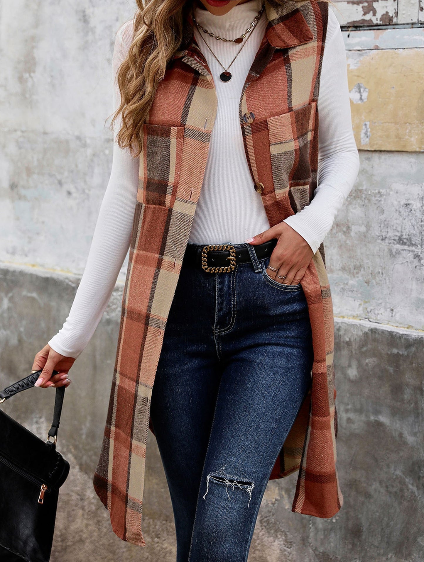 Elena Relaxed Fit Sleeveless Cardigan | Plaid Sleeveless Cardigan