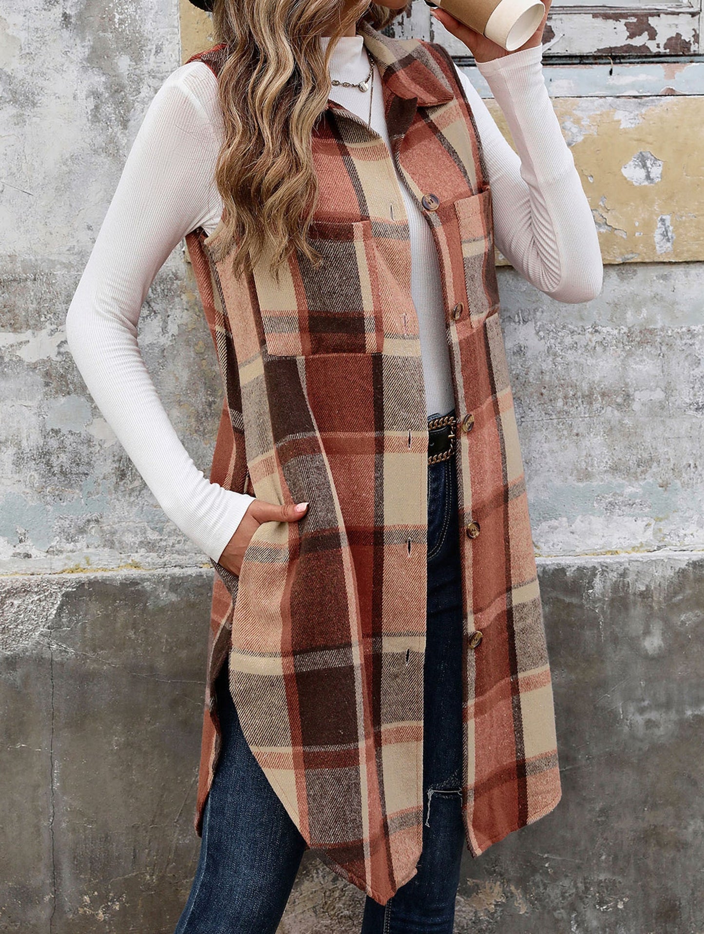Elena Relaxed Fit Sleeveless Cardigan | Plaid Sleeveless Cardigan