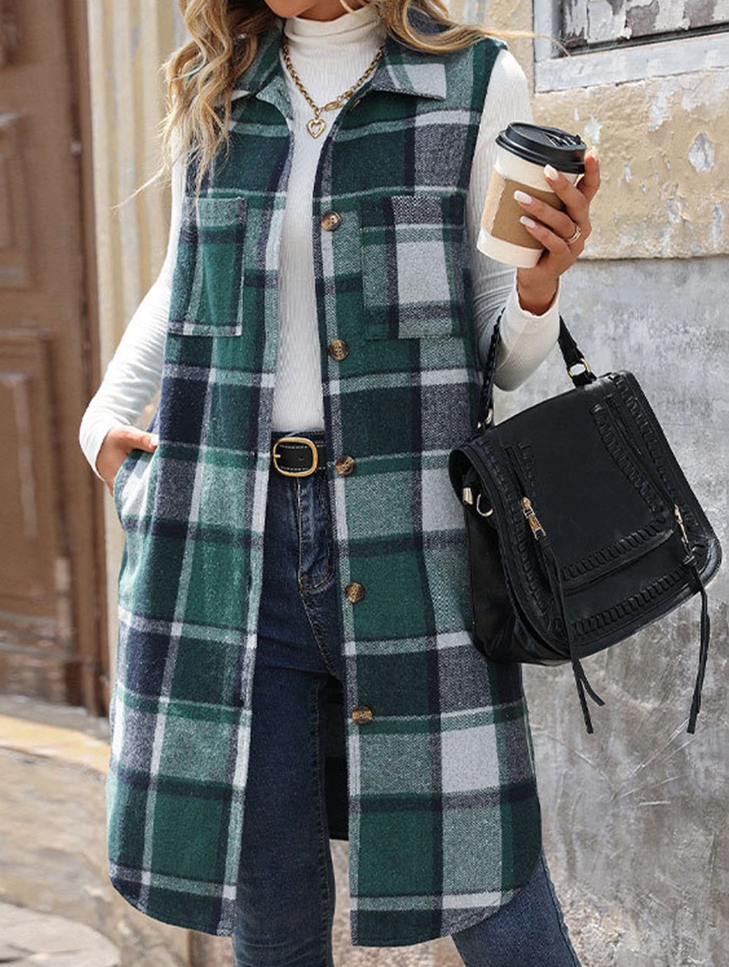 Elena Relaxed Fit Sleeveless Cardigan | Plaid Sleeveless Cardigan