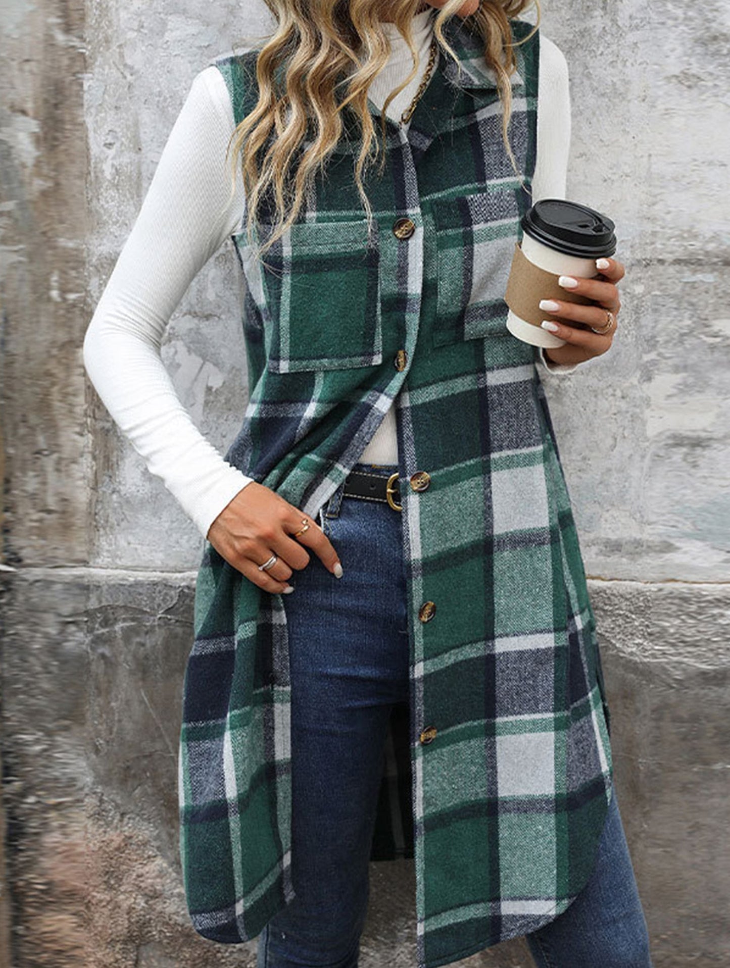 Elena Relaxed Fit Sleeveless Cardigan | Plaid Sleeveless Cardigan