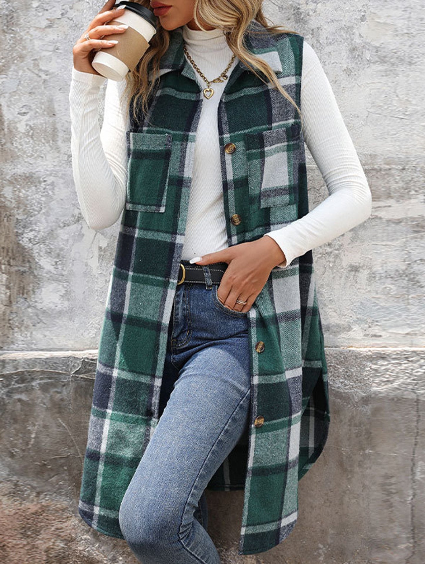 Elena Relaxed Fit Sleeveless Cardigan | Plaid Sleeveless Cardigan